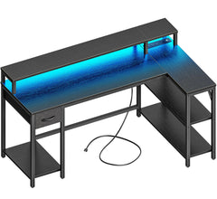 SUPERJARE 53 inch Reversible L Shaped Gaming Desk with LED Lights, Power Outlets and Shelves