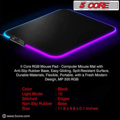 5Core Gaming Mouse Pad RGB 12 Light Modes 2 Zone Desk Mouse Mat w Rubber Base